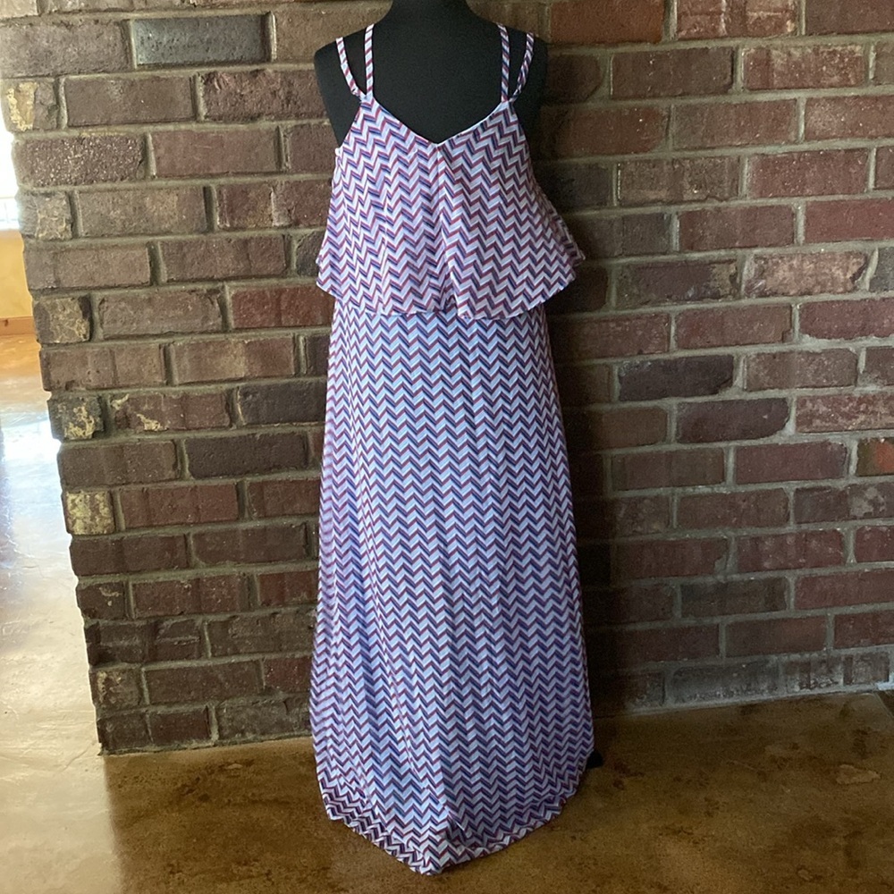 Charming Charlie’s blue, red, and white chevron tiered strappy flowy maxi dress - Picture 7 of 8